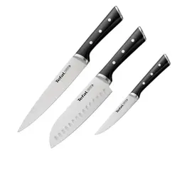 Tefal Ice Force 3er Set Messer, Fleischmesser 20 cm, Santokumesser 18 cm, Universalmesser 11 cm, Schwarz