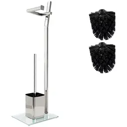 WC-Garnitur mit Klopapierhalter und Toilettenbürste – Verchromter Edelstahl mit Glasfuß – 2 Ersatz-Klobürstenköpfe