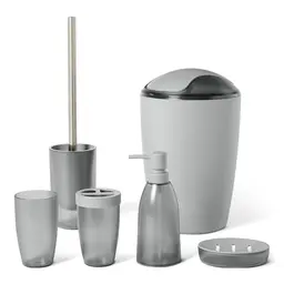 Amazon Basics Badezimmerzubehör-Set, Grau – Zahnbürstenhalter, Seifenspender, Mülleimer & mehr