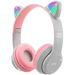 Megadream Kinder-Kopfhörer mit Katzenohr-LED und Mikrofon, faltbar, Bluetooth - Geschenk für Mädchen und Jungen ab 8 Jahren (Grau)