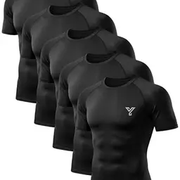 YESWEL 5er Pack Herren Kompressionsshirt Kurzarm, atmungsaktiv, schnelltrocknend, Sport- und Fitness-Baselayer, Schwarz (L)