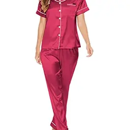 MyFav Damen Pyjama Set, Kurzarm Schlafanzug mit langer Hose, Weinrot, XL