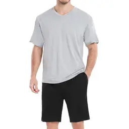 Chic Defend Herren Schlafanzug Kurz Pyjama Set, Zweiteilig, Kurzarm V-Ausschnitt T-Shirt & Shorty, Grau + Schwarz, XXL