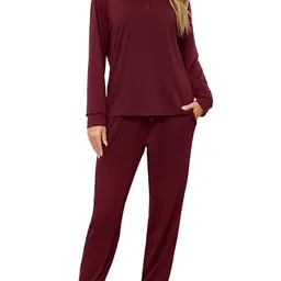 Damen Schlafanzug 2-teilig, Langarm, Weiche Loungewear, Weinrot, Komfortabler Hausanzug für Herbst & Winter