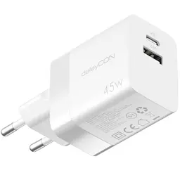 deleyCON 45W USB A/C Schnellladegerät - Netzteil für iPhone, Galaxy, Pixel, iPad, MacBook - Weiß