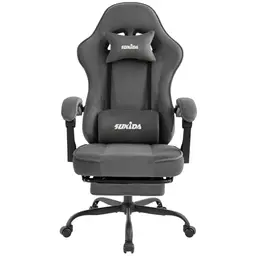 SUKIDA Gaming Stuhl mit Fußstütze, verstellbar, ergonomisch, Lordosenstütze, grau