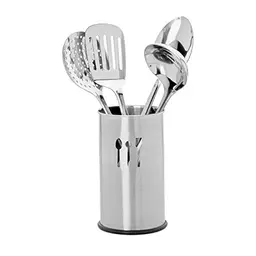 Relaxdays Küchenhelfer Set, 5-teiliges Edelstahl Kochzubehör, Besteckhalter und Küchenutensilien, silber