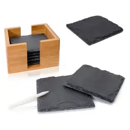 Amazy Schiefer Untersetzer Set (8 Stück) mit Kreidestift – Dekorative Glasuntersetzer aus 100% Natur-Schiefer mit Bambushalter (eckig | 10x10 cm)