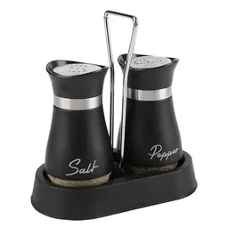 Salz- und Pfefferstreuer Set mit Halter, 2 Stück aus Edelstahl und Glas (Schwarz)