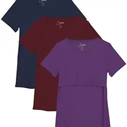 Sosolism 3er Pack Stillshirt Kurzarm für Damen - Marineblau, Rot, Lila
