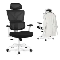 Ergonomischer Bürostuhl mit verstellbarer Kopfstütze und 3D Armlehnen, weiß