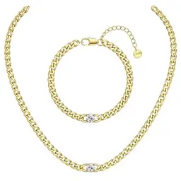 Adramata Edelstahl Halskette und Armband Set, 14K vergoldet, wasserfest, Zirkonia, 40/45/50CM einstellbare Länge