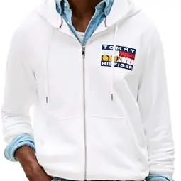 Tommy Hilfiger Herren Hoodie mit Reißverschluss, Logo, Weiß, Größe M