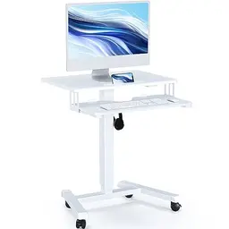 BONTEC Höhenverstellbarer Schreibtisch mit Tastaturablage, Mobiles Podium auf Rädern, Weiß