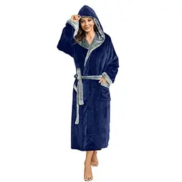 HEARTNICE Damen Fleece Bademantel mit Kapuze, flauschiger Morgenmantel in Marineblau/Hellgrau (S/M)