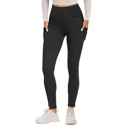 Fotociti Damen Sport Leggings mit Tasche - High Waist, blickdicht, Push-Up, Bauchweg, Schwarz, L-XL