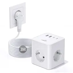Steckdosenwürfel mit USB, 8-in-1 Steckdosenleiste, 4 USB-Anschlüsse, 3M Kabel für Zuhause und Büro, Weiß