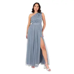 Maya Deluxe Damen Maxikleid mit seitlichem Schultersteg, florale Applikationen, Tüll, Schärpe und seitlichem Schlitz, Staubblau, Größe 50