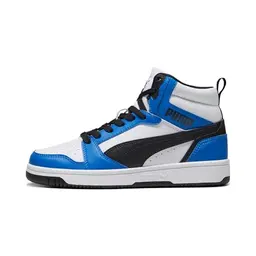 Puma Unisex Kinder Rebound V6 Mid Jr Sneakers, Puma White/Black/Racing Blue, EU 38.5