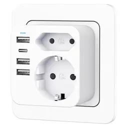 4-fach Mehrfachsteckdose mit 4 USB-Ports und USB-C, weiß