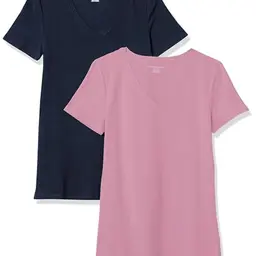 Amazon Essentials Damen Kurzärmliges T-Shirt, 2er-Pack, Marineblau/Hellrosa, XXL