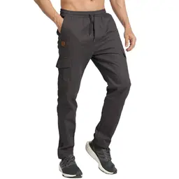 JustSun Herren Cargo Jogginghose aus Baumwolle, elastische Taille, mehrere Taschen, lang, dunkelgrau, Größe M