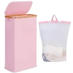 iEGrow Wäschekorb mit Deckel 65L, Faltbarer Wäschesammler für Schlafzimmer und Badezimmer (Rosa)
