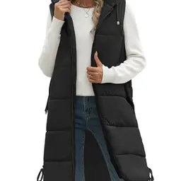 Tuopuda Damen Steppweste mit Kapuze für Herbst und Winter, Ärmellos, Schwarz, Größe L