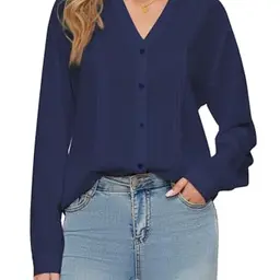 SIMIYA Damen Langarmbluse V-Ausschnitt Tunika Hemdbluse Lässig Navy Blau (L)