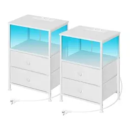 WOLTU Nachttisch 2er Set, Nachtschrank mit Ladefunktion und LED-Beleuchtung, Weiß