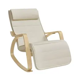 SONGMICS Schaukelstuhl mit Armlehnen, 5-fach verstellbare Fußstütze, beige-naturfarben, bis 150 kg, ideal für Schlafzimmer und Wohnzimmer