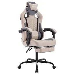 SUKIDA Ergonomischer Gaming Stuhl mit Fußstütze und Kopfstütze - Höhenverstellbar für Homeoffice und Gaming - Beige