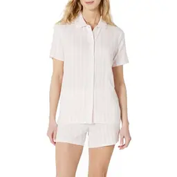 Amazon Essentials Damen Pyjama-Set mit kurzen Ärmeln, Blassrosa mit Streifen