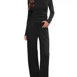 Ekouaer Damen Schlafanzug Zweiteiler, Langarm, warm, Schwarz, XL