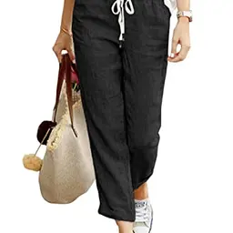 Damen 7/8 Leinenhose Casual - Bequeme Sommerhose mit Taschen (Schwarz, S)