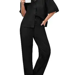 Famulily Damen Schlafanzug Zweiteilig mit Langer Hose - Schwarz, Größe L