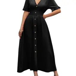 Damen Kurzarm Maxikleid mit Knopfleiste, Rüschen und V-Ausschnitt, sommerlich, schwarz, XS