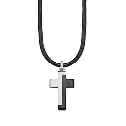 s.Oliver Jungen Kette mit Kreuzanhänger aus Edelstahl und echtem Leder, Schwarz/Silber