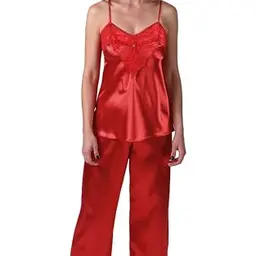 VIVISENCE Satin Schlafanzug Set mit verstellbaren Trägern, bequem, ideal für Nachtwäsche, Rot, Größe M