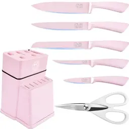 XYJ Knife Block Set - Pink Stainless Steel Kitchen Knives with Holder - Professional Cooking Kit
