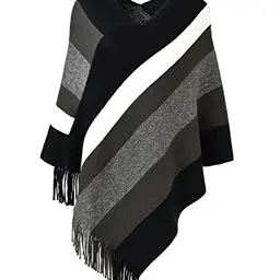 Ferand Damen Poncho Pullover Schal mit Fransen für Herbst und Winter - Schwarz & Grau - One Size