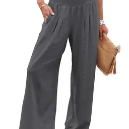 Imuedaen Damen Leinenhose Sommer Casual Weite Beinform Hohe Taille Einfarbig Dunkelgrau (L)