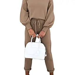 Sovoyontee Damen Langarm Trainingsanzug, Pyjama-Set, Hoher Hals, Sweatshirt, Lounge-Outfit, Kaffee, Größe L