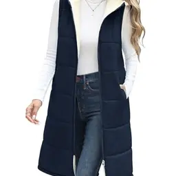 Damen Steppweste mit Kapuze, lang, warm, gefüttert, Freizeit, Übergang, dunkelblau