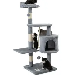 lionto Kratzbaum für Katzen, 112 cm hoch, mit Plüschbällen und Spielseil, gemütliche Liegefläche und Höhle, hellgrau