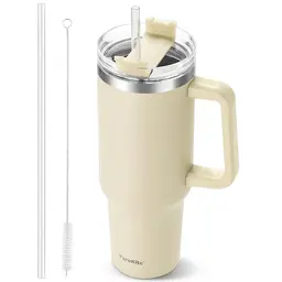 TaroKitc 1.18 l Thermobecher mit Griff und Strohhalm - Edelstahl-Isolierflasche für heiße und kalte Getränke (Beige)
