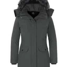 Wantdo Damen Wintermantel Lange Pufferjacke mit abnehmbarer Kapuze - Mittelgrau, Größe L