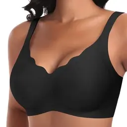 Damen BH ohne Bügel, tiefem V-Ausschnitt, push-up, bequem - Schwarz (M)