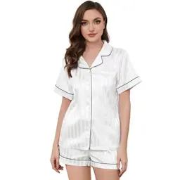 U2SKIIN Satin Schlafanzug Damen kurz gestreift Set Pyjama Nachtwäsche Loungewear (Weiß, XL)