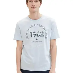 TOM TAILOR Herren Basic T-Shirt mit Logo-Print, foggy blue finestripe, S